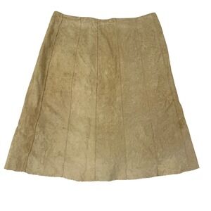 Vintage Suedessence Tan Leather A-Line Skirt Zig Zag Stitched Paneled Size 10